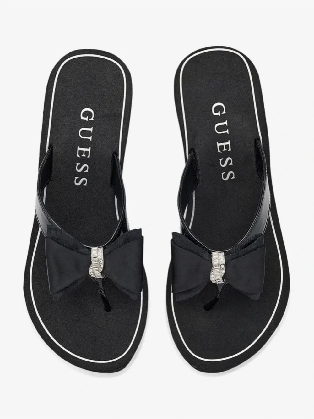 Black Wedge Flip-Flop Sandals with Bow and Rhinestone Accent Size 9